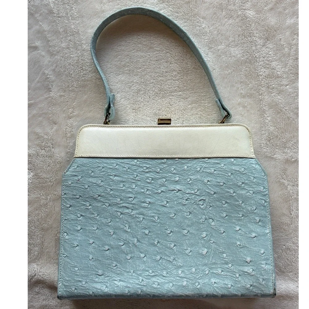 Blue Vintage Ostrich Embossed Frame Handbag Womens Medium Good